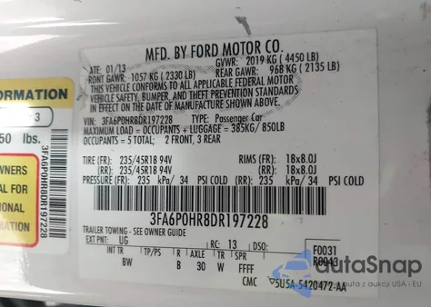 2013 Ford Fusion Se z USA, uszkodzony, nr VIN 3FA6P0HR8DR197228